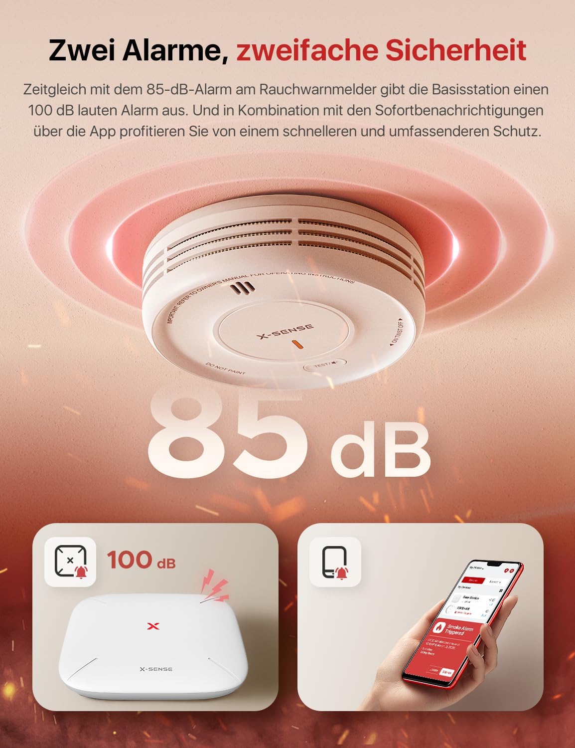 Smart Rauchmelder WLAN, Magnethalterung, Basisstation SBS50, App, Home-Assistant-kompatibel, wechselbare Batterie, XS0D-MR121