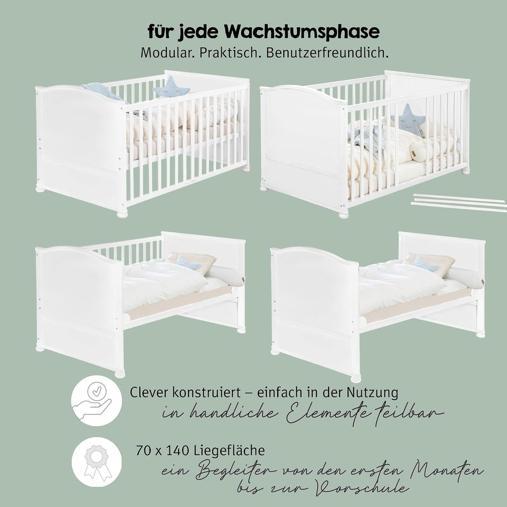 Babybett Set Little Stars 70x140 cm, mitwachsendes Kinderbett mit umbaubarem Design, inkl. Sterne-Textilien, höhenverstellbar, Holz weiß