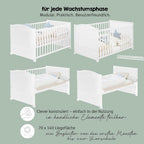 Babybett Set Little Stars 70x140 cm, mitwachsendes Kinderbett mit umbaubarem Design, inkl. Sterne-Textilien, höhenverstellbar, Holz weiß
