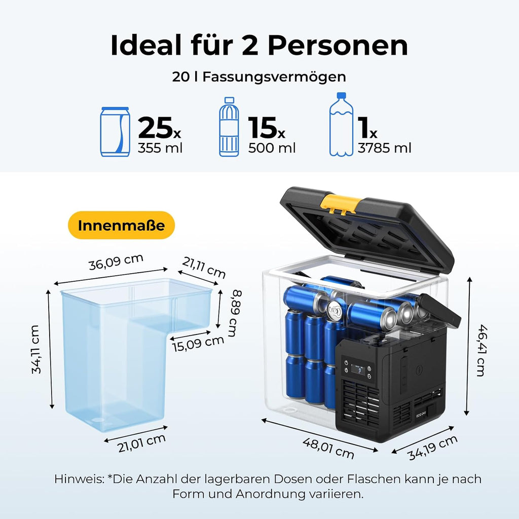 CRH20 20L Kompressor Kühlbox mit Akku 240Wh, tragbar 12/24/230V, App-Steuerung, IPX4 Mini-Kühlschrank für Camping Reisen Boot Angeln, -20~20°C (2026 Neu)