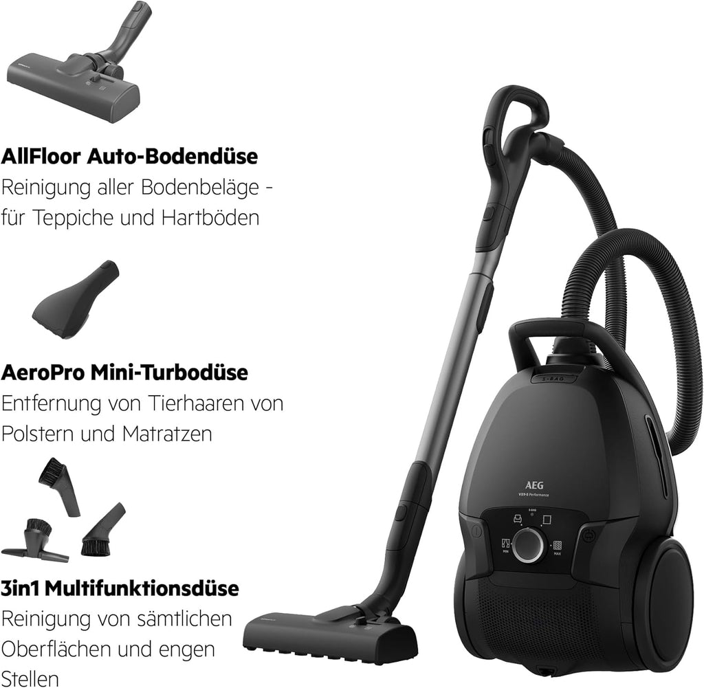 Staubsauger m. Beutel, 69 dB, HEPA, 5 L Beutel, Turbo-Düse für Tierhaare, 12 m, alle Böden, Zusatzdüsen, grau, VX9-5-EBR
