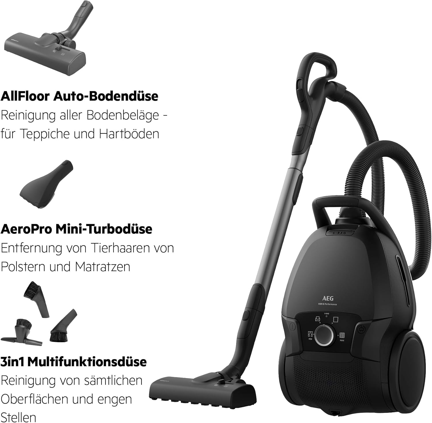 Staubsauger m. Beutel, 69 dB, HEPA, 5 L Beutel, Turbo-Düse für Tierhaare, 12 m, alle Böden, Zusatzdüsen, grau, VX9-5-EBR