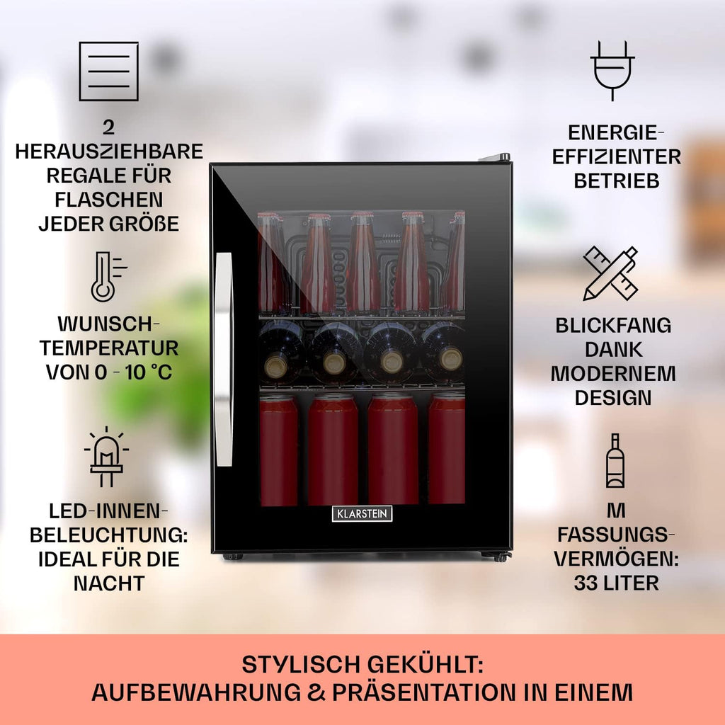 Mini Kühlschrank mit Glastür, 33 Liter, verstellbare Ablagen, leise, für Innen und Außen, ideal für Zimmer und Getränke