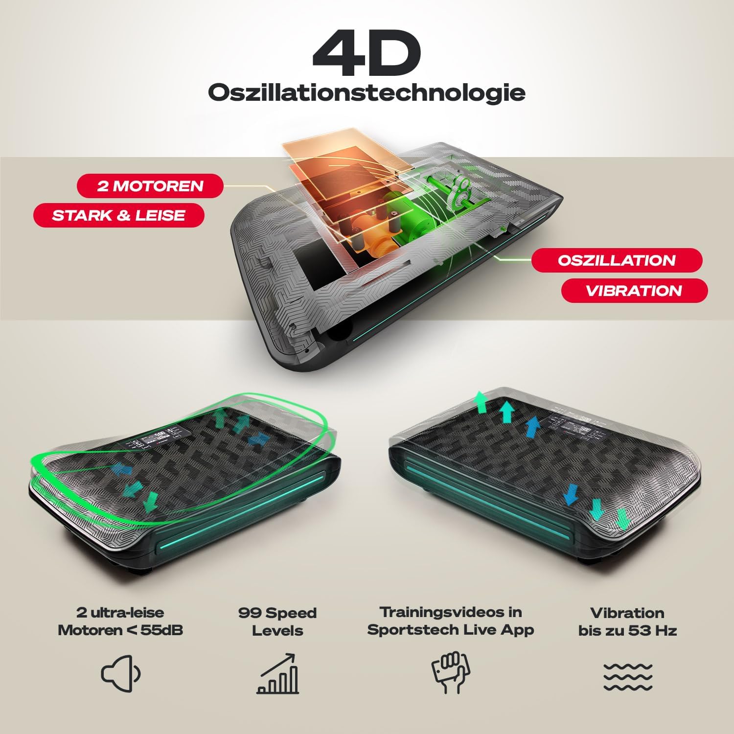 4D Vibrationsplatte, VP400 + sVibe, Smart LED, Bänder + Ropes, Abnehmen, Ganzkörper, Muskelaufbau, 120 kg, Fitness