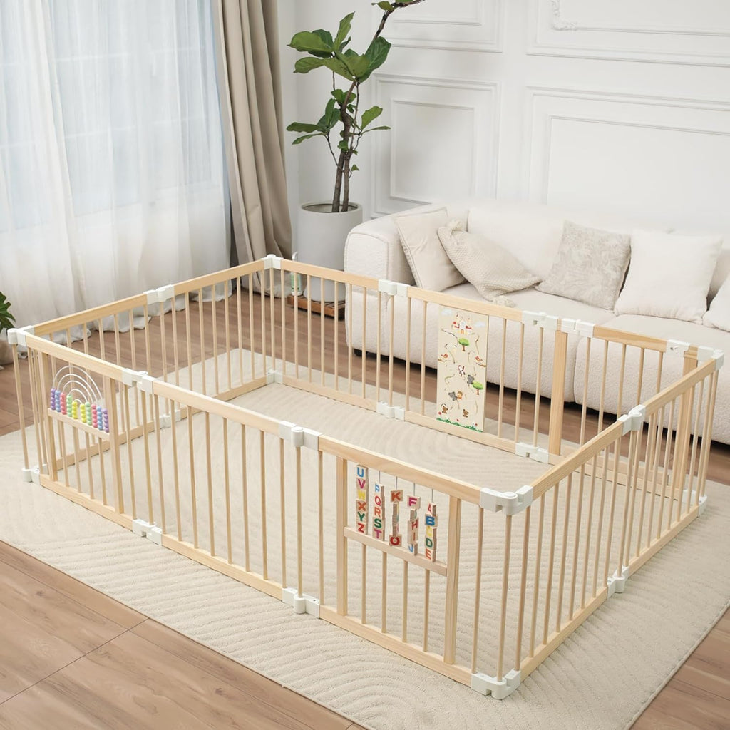 Sicherer & Stabiler faltbarer Holz-Laufstall mit fröhlichem Krabbelbereich für Babys & Kleinkinder (1-3 Jahre) - 214x141x61 cm, nachhaltig