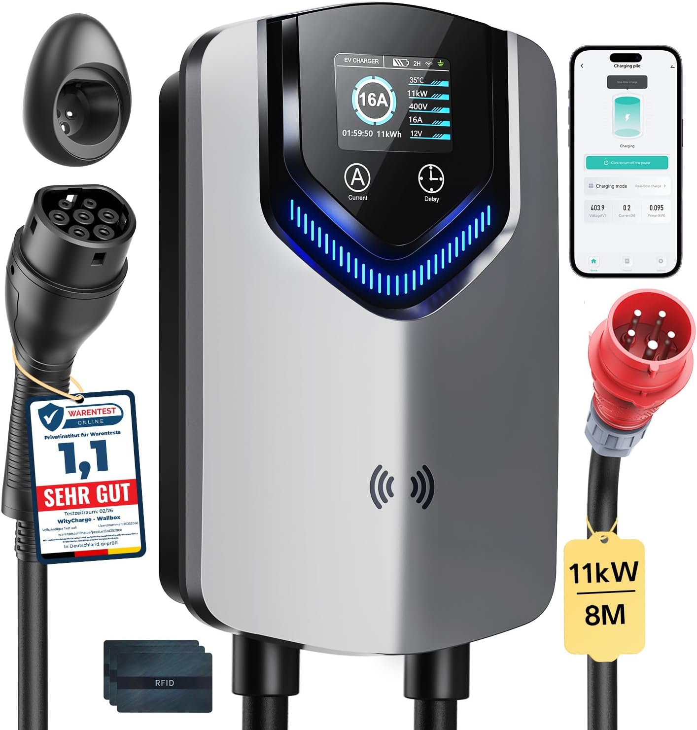 11kW Wallbox mit App + RFID, 3-Phasen Typ 2, 400V/6-16A, 8m Kabel + Halter, RCD Typ B, IP54, Startzeit-Einstellung, für BEV/PHEV