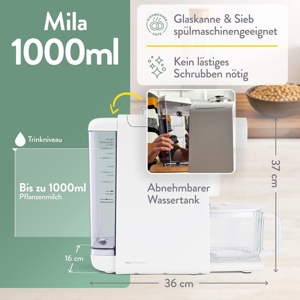 Pflanzenmilchbereiter Mila 1L, 6 Programme, Auto-Reinigung, LED-Touch-Display mit Timer, für Nussmilch/Sojamilch/Haferdrinks, inkl. Sieb & Rezeptbuch