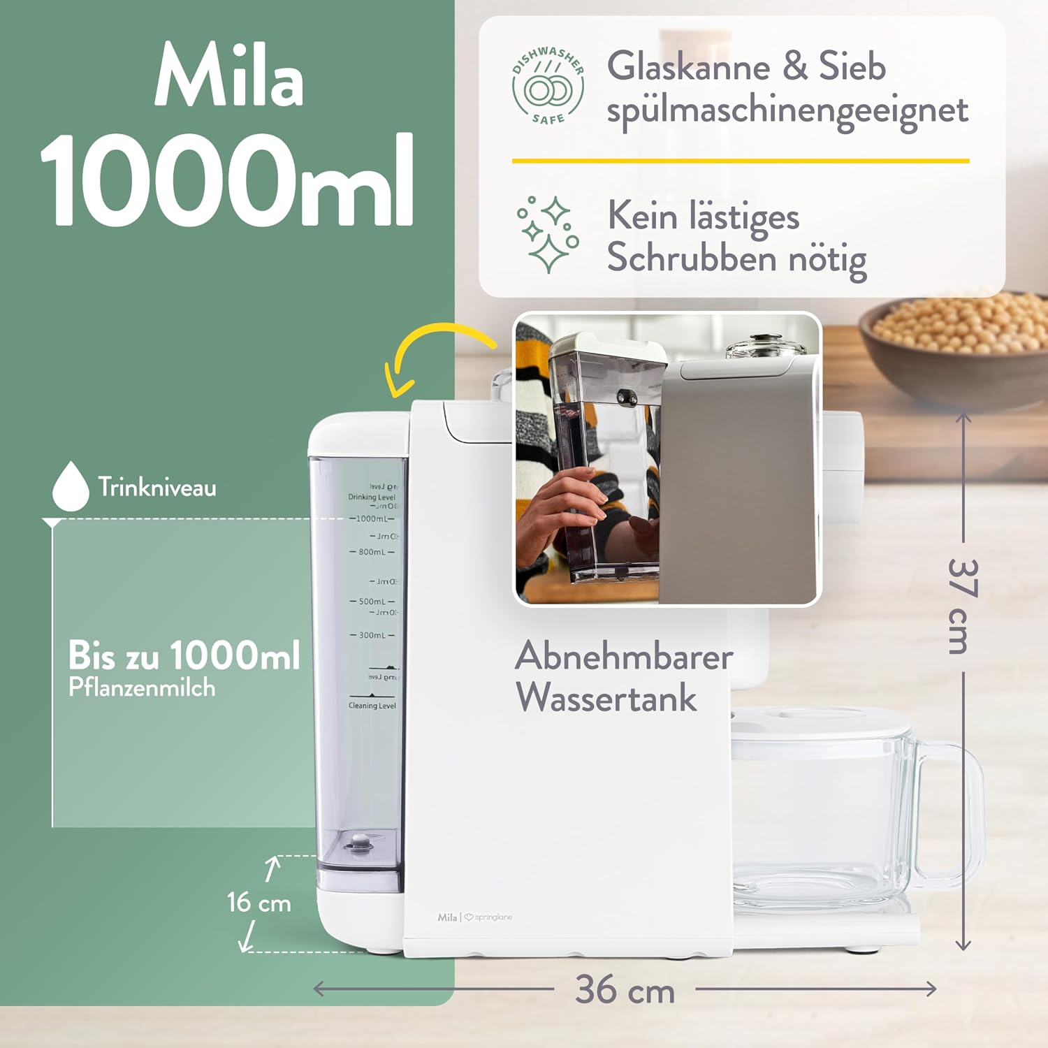 Pflanzenmilchbereiter Mila 1L, 6 Programme, Auto-Reinigung, LED-Touch-Display mit Timer, für Nussmilch/Sojamilch/Haferdrinks, inkl. Sieb & Rezeptbuch