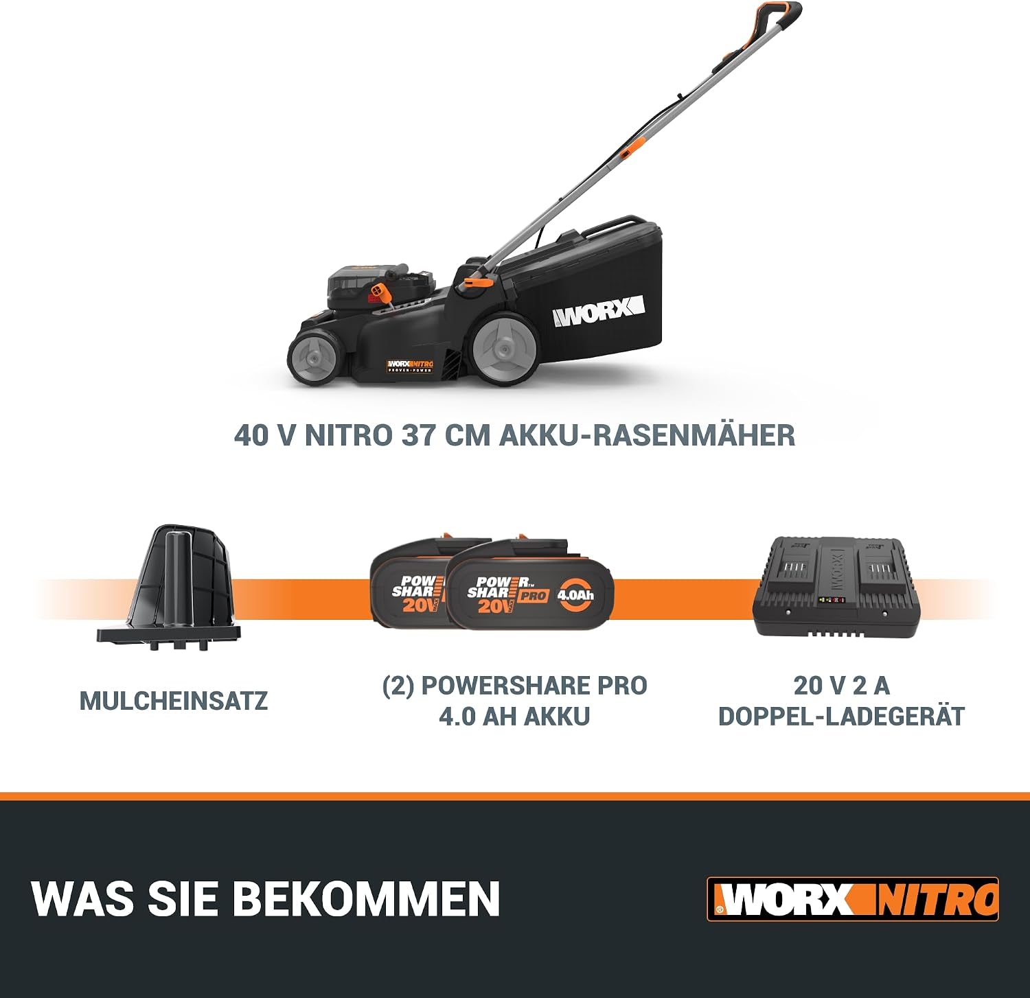 WG737E Nitro Akku-Rasenmäher 40V (2x20V) bürstenloser Motor, 37cm Schnittbreite, 6 Höhenstufen (20-70mm), 40L Grasfangsack, 2x4Ah Akkus & Dual-Ladegerät