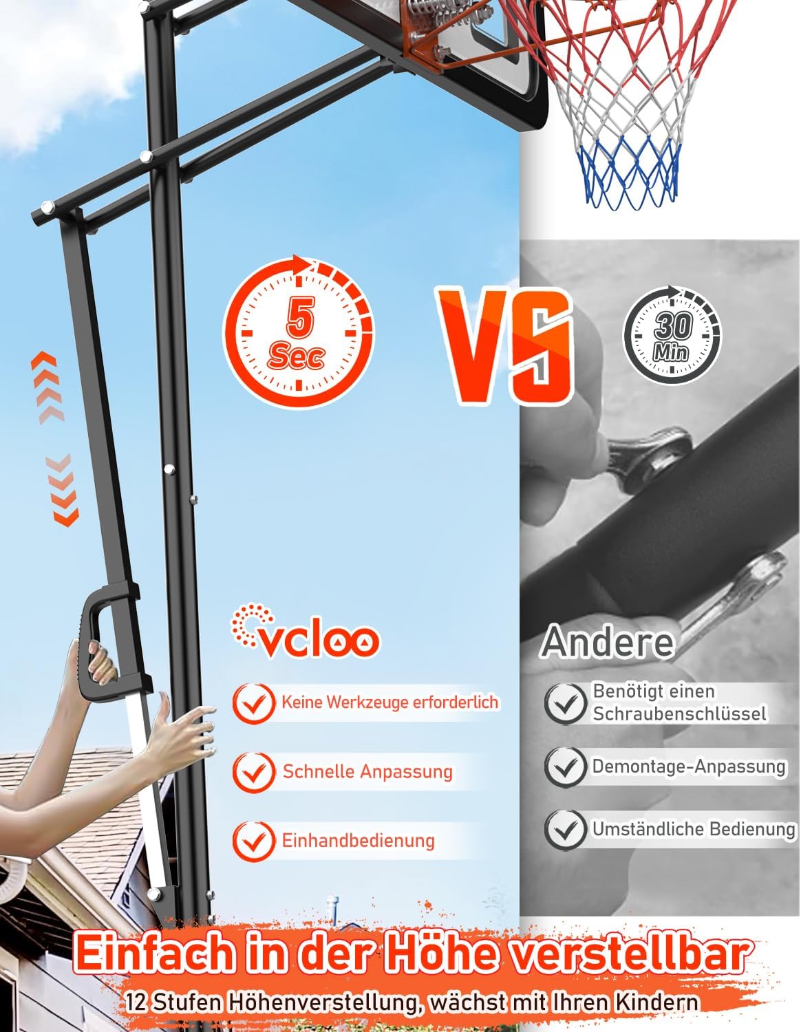 Outdoor Basketballkorb, 145-305cm EIN-Knopf-Schnellverstellung, 110x75cm Rückwand, mit Gewichtssack, für Kinder, Jugendliche & Erwachsene