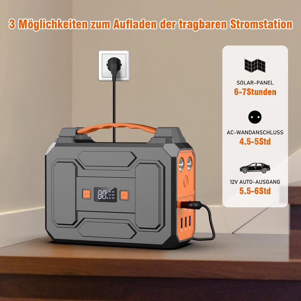Powerstation 99Wh + 40W Solarpanel, 100W Solargenerator, 230V AC, 18W USB-A/C, für Wohnmobil/Camping, schwarz-orange