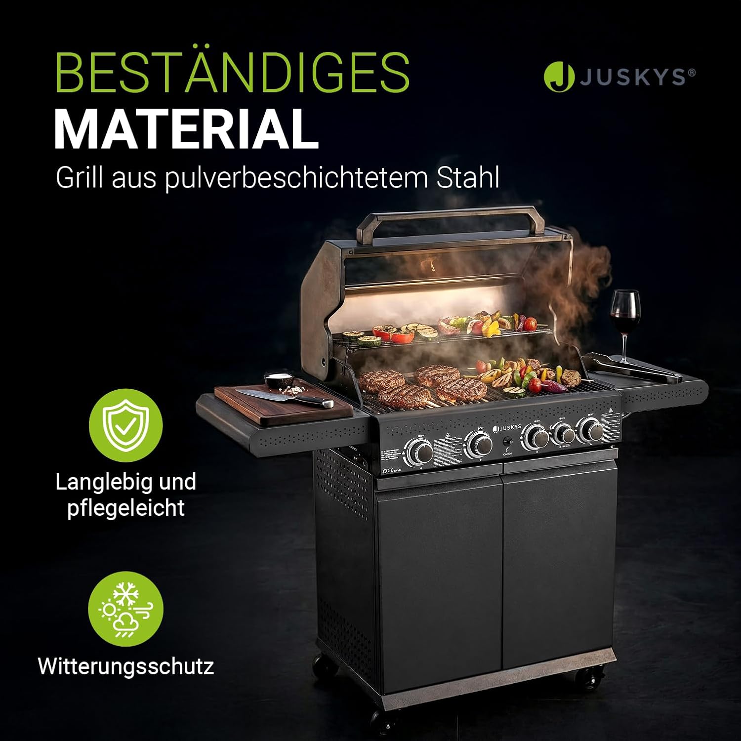 BBQ Gasgrill Savannah - 4 Brenner + 1 Seitenbrenner - XXL Stahl Gas Grill mit Gusseisen Grillrost, Kochfeld, Unterschrank für Gasflasche