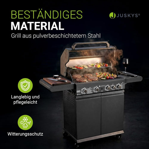 BBQ Gasgrill Savannah - 4 Brenner + 1 Seitenbrenner - XXL Stahl Gas Grill mit Gusseisen Grillrost, Kochfeld, Unterschrank für Gasflasche