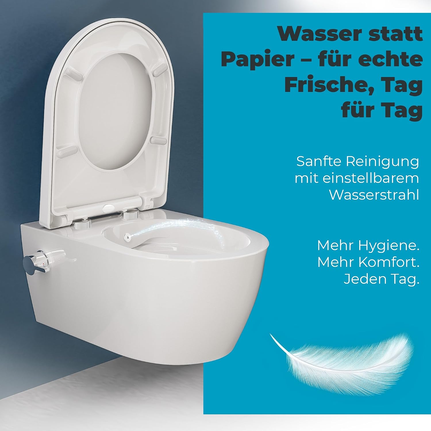 Dusch-WC mit Armatur, Hänge-WC spülrandlos, Bidet-Funktion (Taharet), Softclose-Absenkautomatik, Nanobeschichtung, Kalt- & Warmwasseranschluss