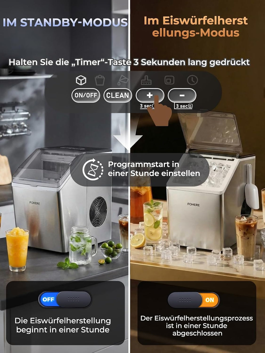 Eiswürfelmaschine Edelstahl, 24kg/24h, 24 Würfel in 10 Min., 3.2L Dual-Wasser, 40 dB leise, Timer + Selbstreinigung + Abtauen, für Hausbar/Partys