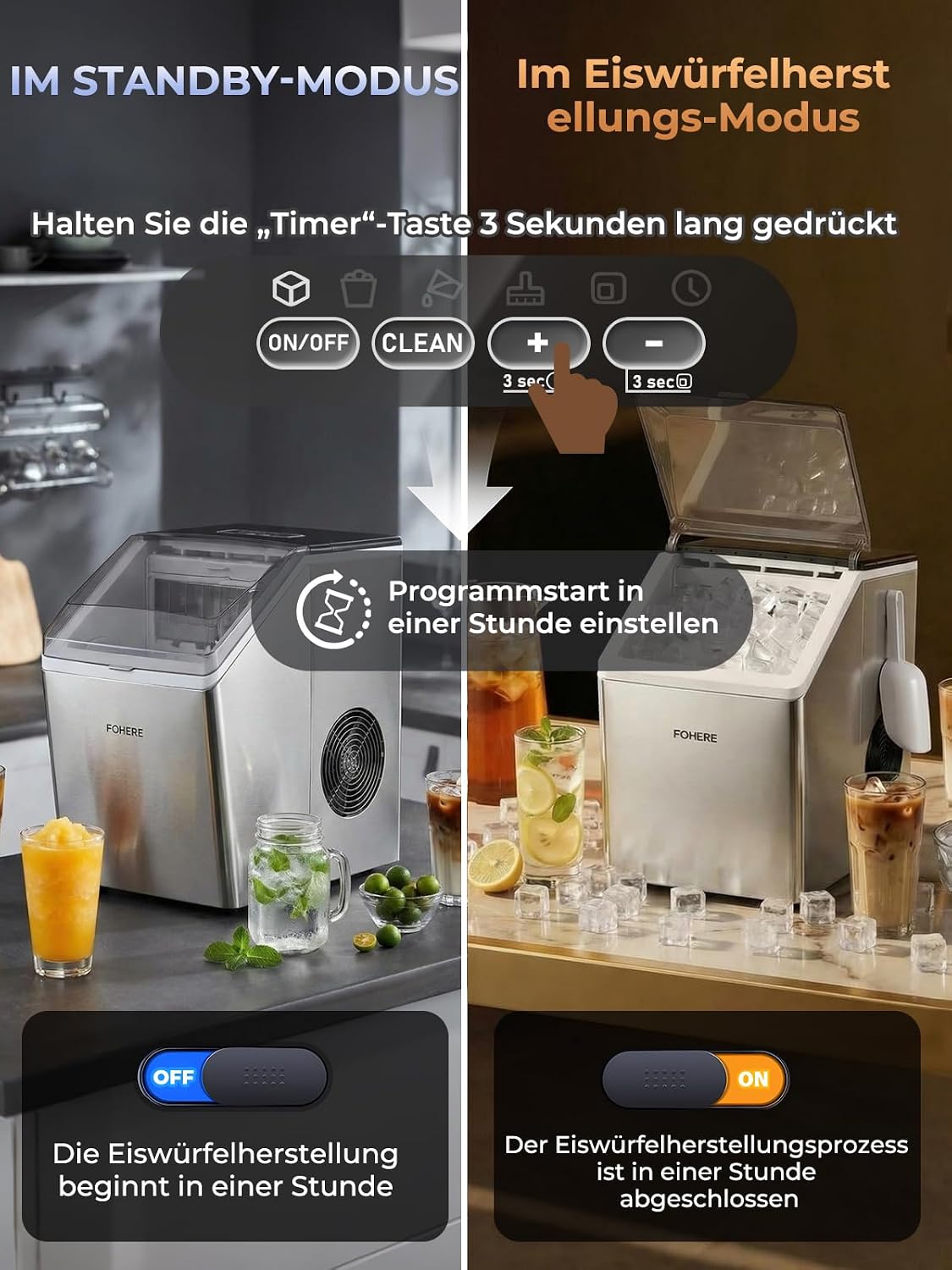 Eiswürfelmaschine Edelstahl, 24kg/24h, 24 Würfel in 10 Min., 3.2L Dual-Wasser, 40 dB leise, Timer + Selbstreinigung + Abtauen, für Hausbar/Partys