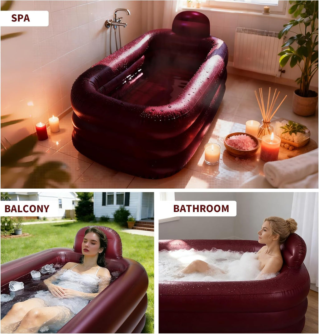 Aufblasbare Badewanne XL 158x95x45cm, weinrot, für Kälte-/Heißbäder, Komfortboden + Kopfstütze, für Eisbad/Spa/Garten, inkl. Handpumpe