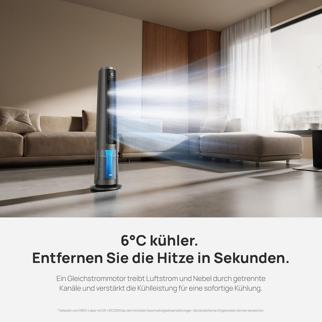 TurboCool Nebelventilator 765S, 3-in-1 Turm, Ultraschall, WLAN+App, 6L Tank, 10.4 m/s, 20 dB DC-Motor, 90° Osz., 12 Stufen, 4 Modi