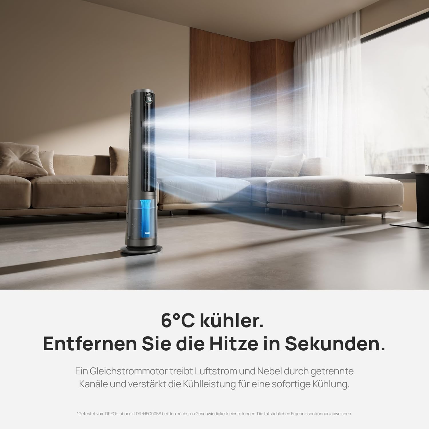 TurboCool Nebelventilator 765S, 3-in-1 Turm, Ultraschall, WLAN+App, 6L Tank, 10.4 m/s, 20 dB DC-Motor, 90° Osz., 12 Stufen, 4 Modi
