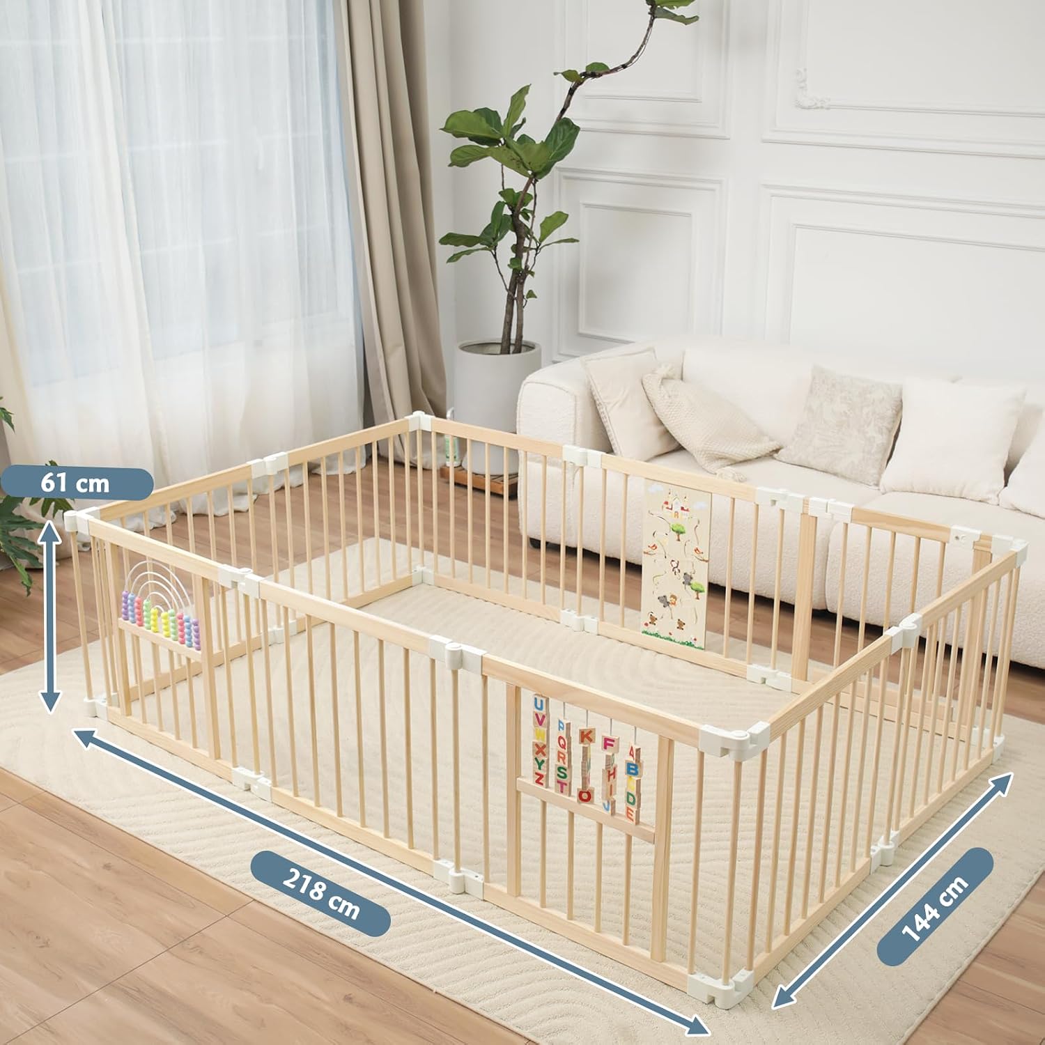 Sicherer & Stabiler faltbarer Holz-Laufstall mit fröhlichem Krabbelbereich für Babys & Kleinkinder (1-3 Jahre) - 214x141x61 cm, nachhaltig