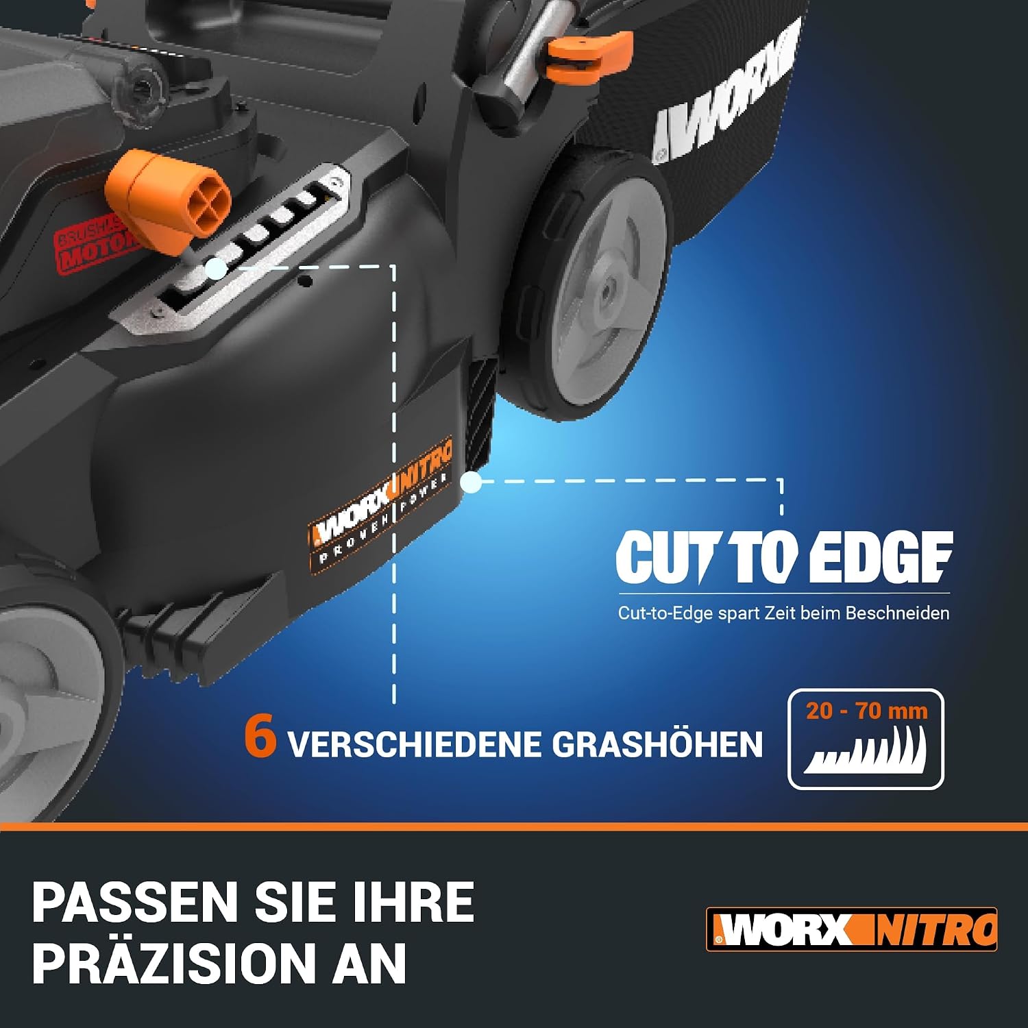 WG737E Nitro Akku-Rasenmäher 40V (2x20V) bürstenloser Motor, 37cm Schnittbreite, 6 Höhenstufen (20-70mm), 40L Grasfangsack, 2x4Ah Akkus & Dual-Ladegerät