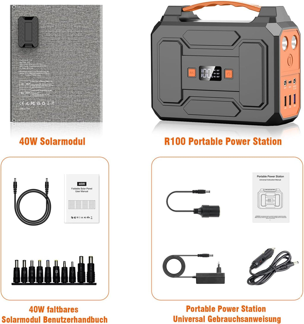 Powerstation 99Wh + 40W Solarpanel, 100W Solargenerator, 230V AC, 18W USB-A/C, für Wohnmobil/Camping, schwarz-orange