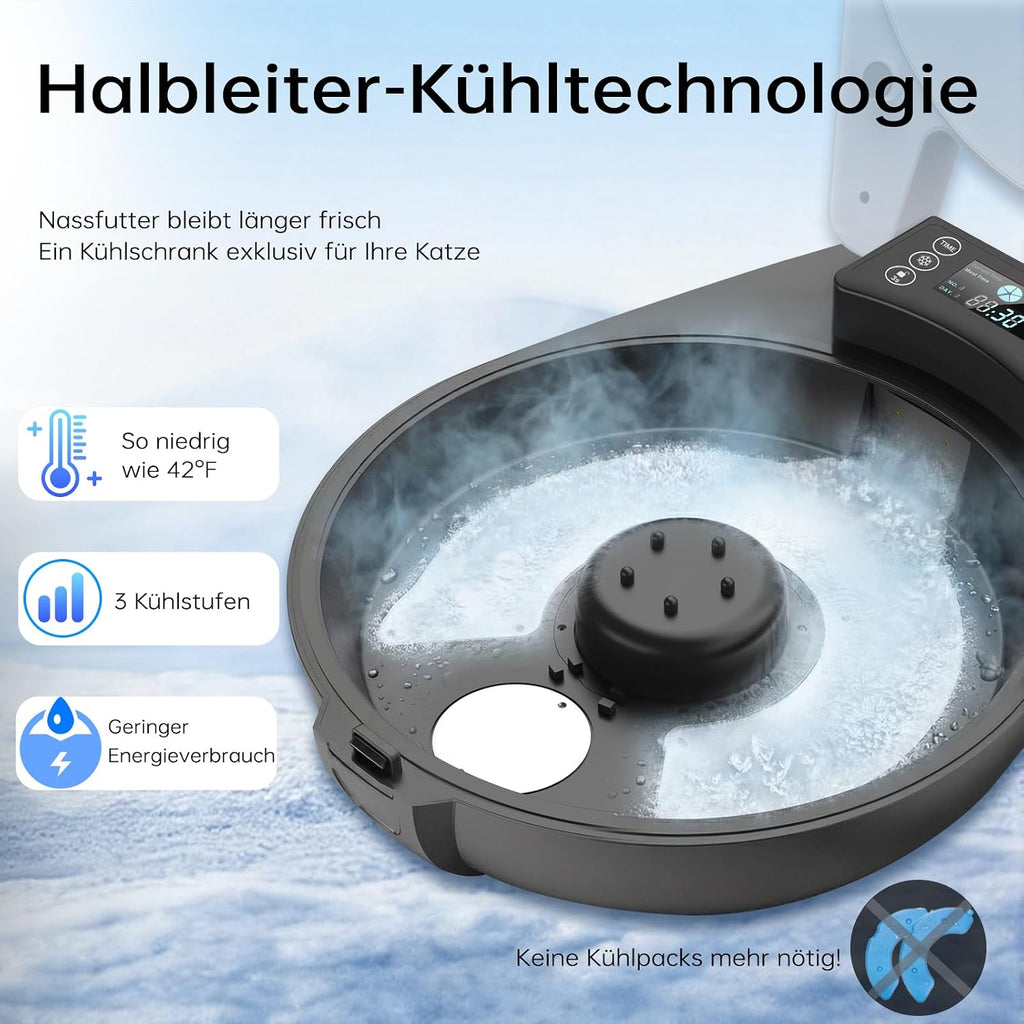 Nassfutterautomat für Katzen - 3 Tage Frische, 5 Mahlzeiten, Halbleiter-Kühlung & Heizung, Edelstahl 304 Schale, programmierbar