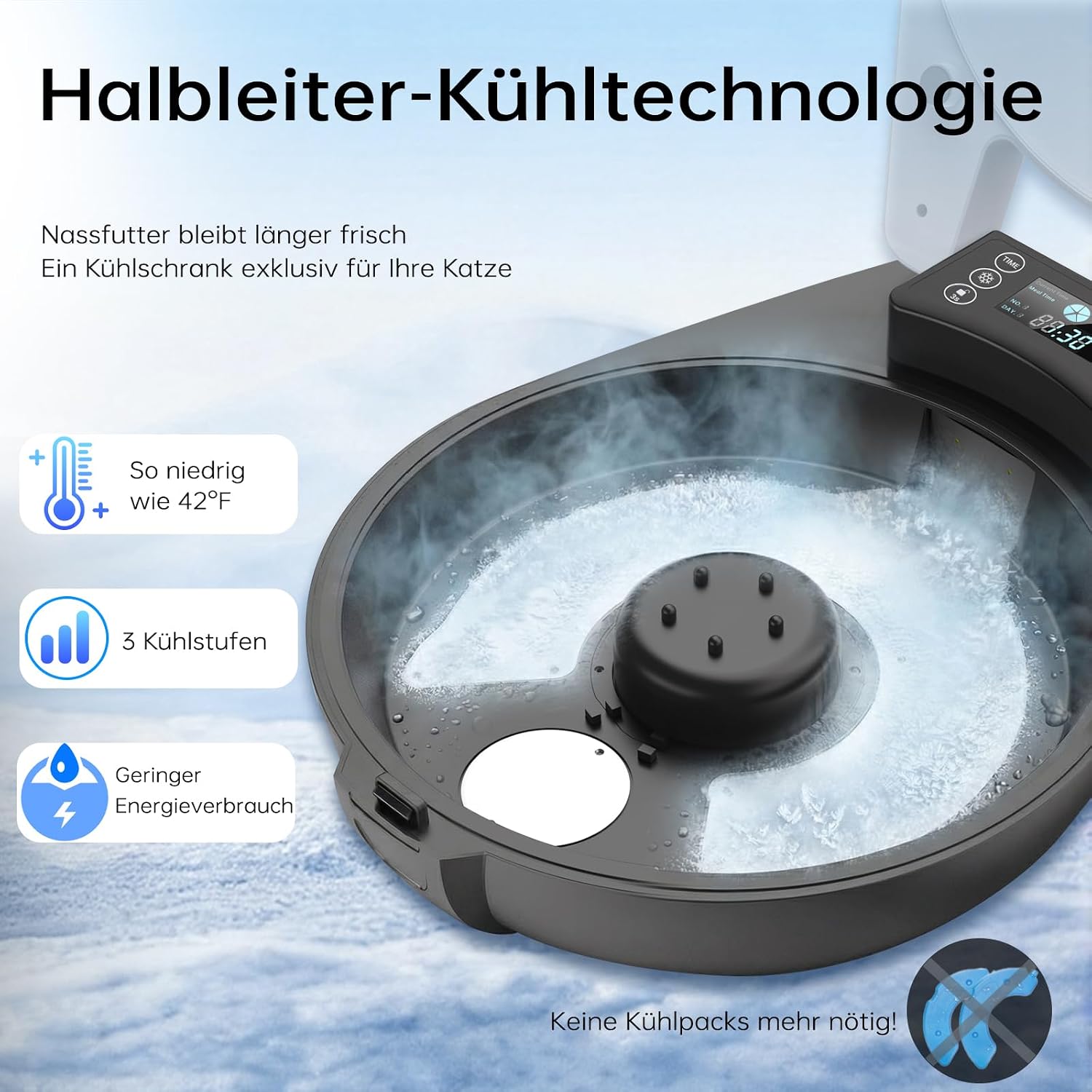 Nassfutterautomat für Katzen - 3 Tage Frische, 5 Mahlzeiten, Halbleiter-Kühlung & Heizung, Edelstahl 304 Schale, programmierbar
