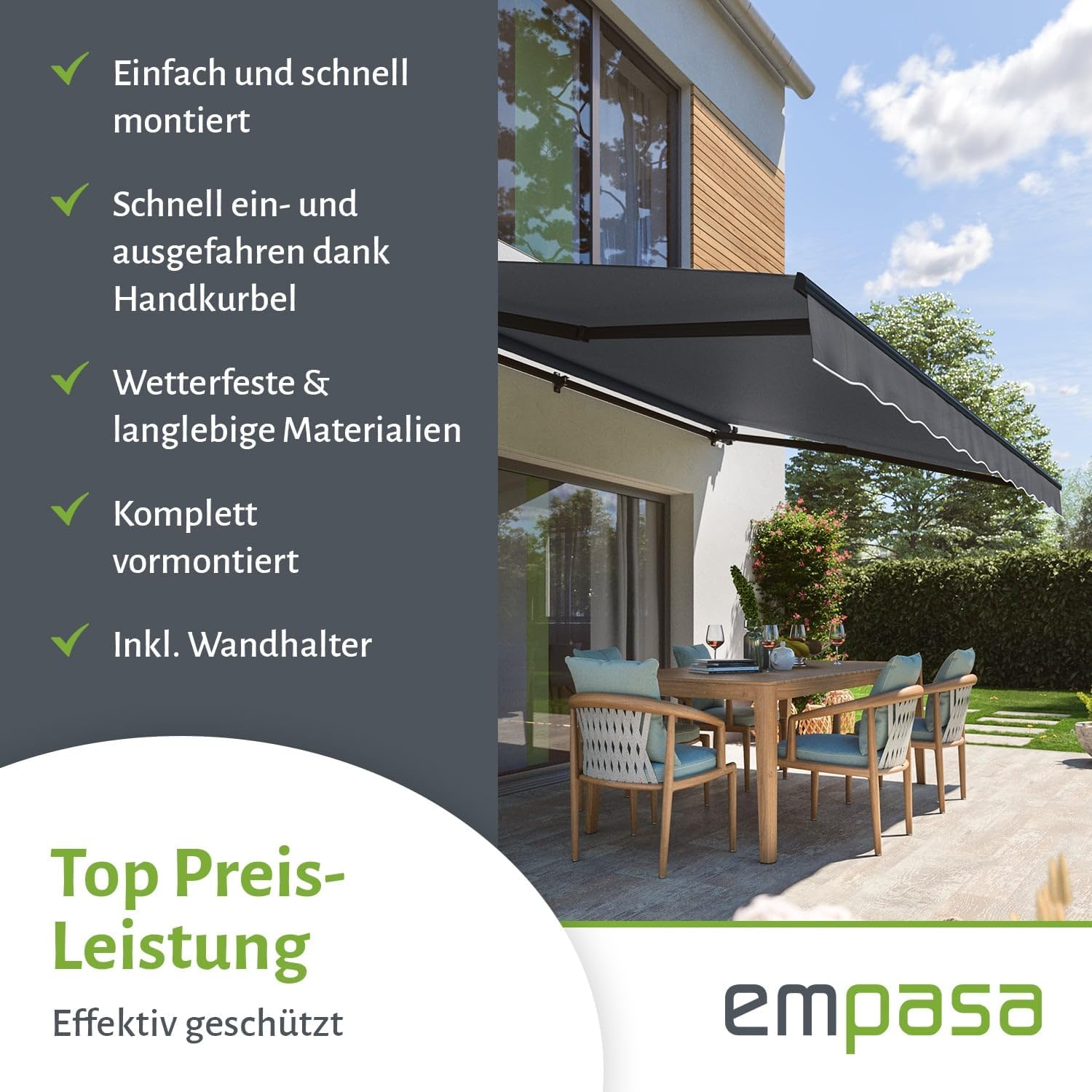 Manuelle Gelenkarmmarkise Sonnenschutz Alu/Polyester komplett vormontiert, Anthrazit, 300x250