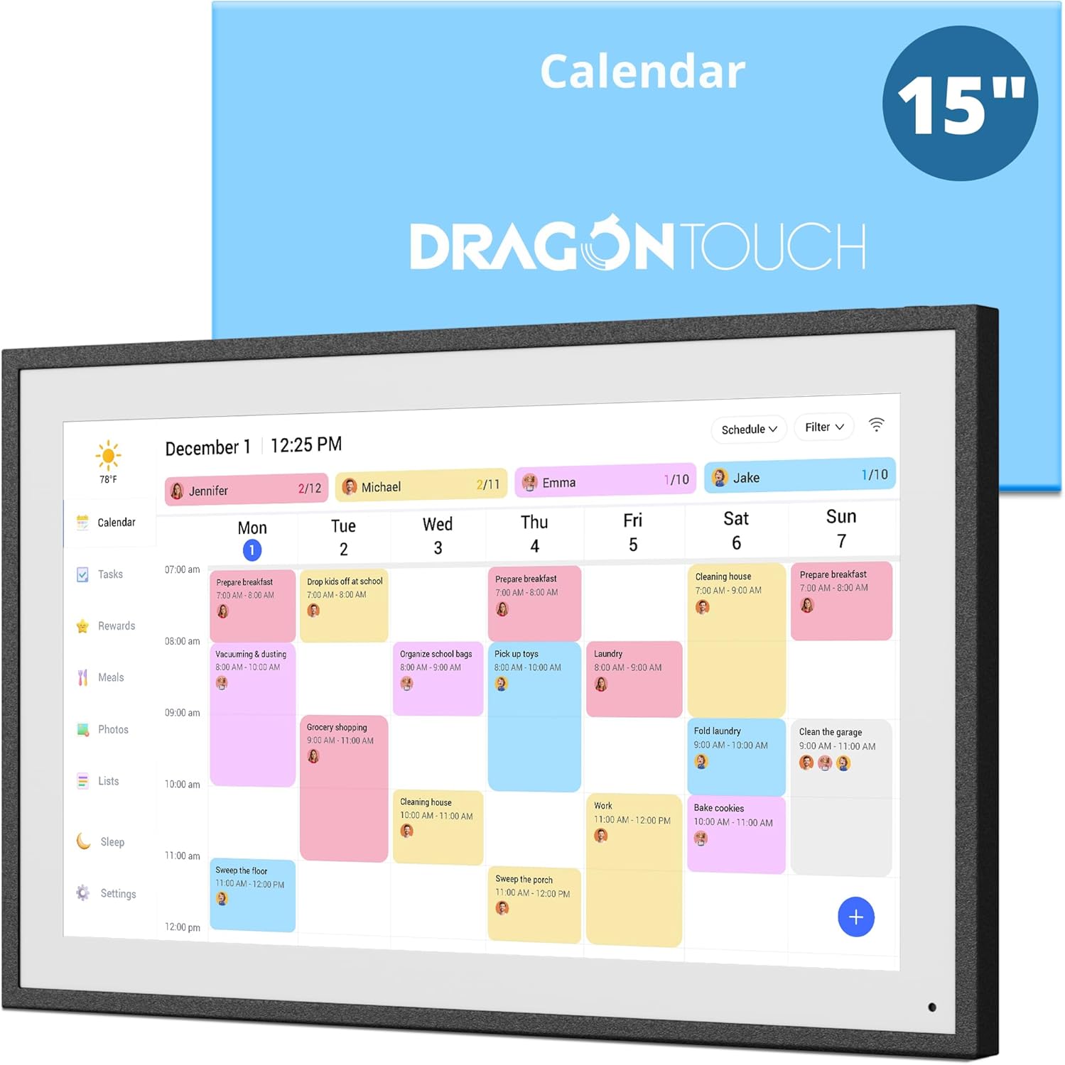 15.6 Zoll Digitaler Wandkalender, FHD 1920x1080 Touchscreen, 32GB Speicher, Familienplaner mit Wandhalterung, Schwarz