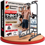 Power Tower + Dip Station für Zuhause, Klimmzugstange, Liegestützgriffe, 4 TRX-Ösen, höhenverstellb. Dip Barren, Calisthenics-Kraftstation