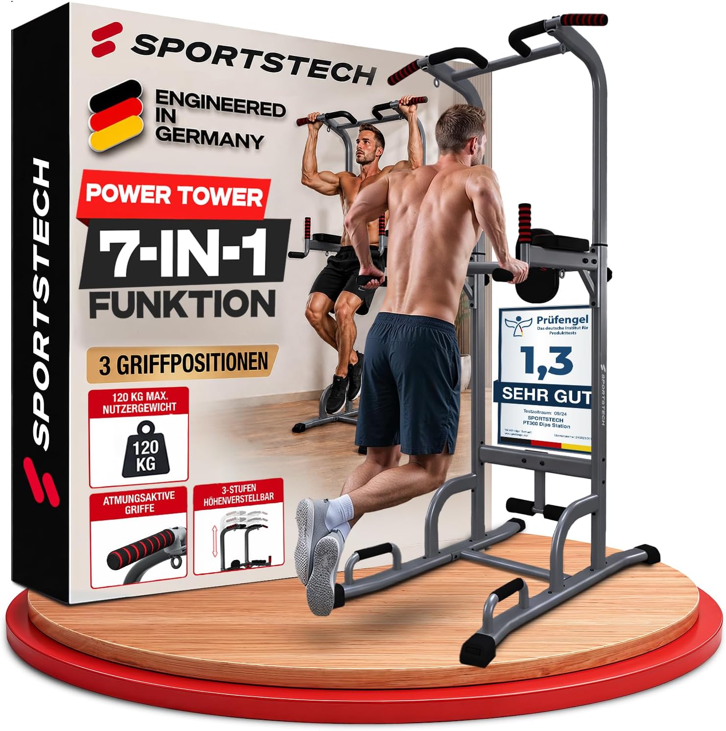 Power Tower + Dip Station für Zuhause, Klimmzugstange, Liegestützgriffe, 4 TRX-Ösen, höhenverstellb. Dip Barren, Calisthenics-Kraftstation