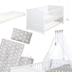 Babybett Set Little Stars 70x140 cm, mitwachsendes Kinderbett mit umbaubarem Design, inkl. Sterne-Textilien, höhenverstellbar, Holz weiß