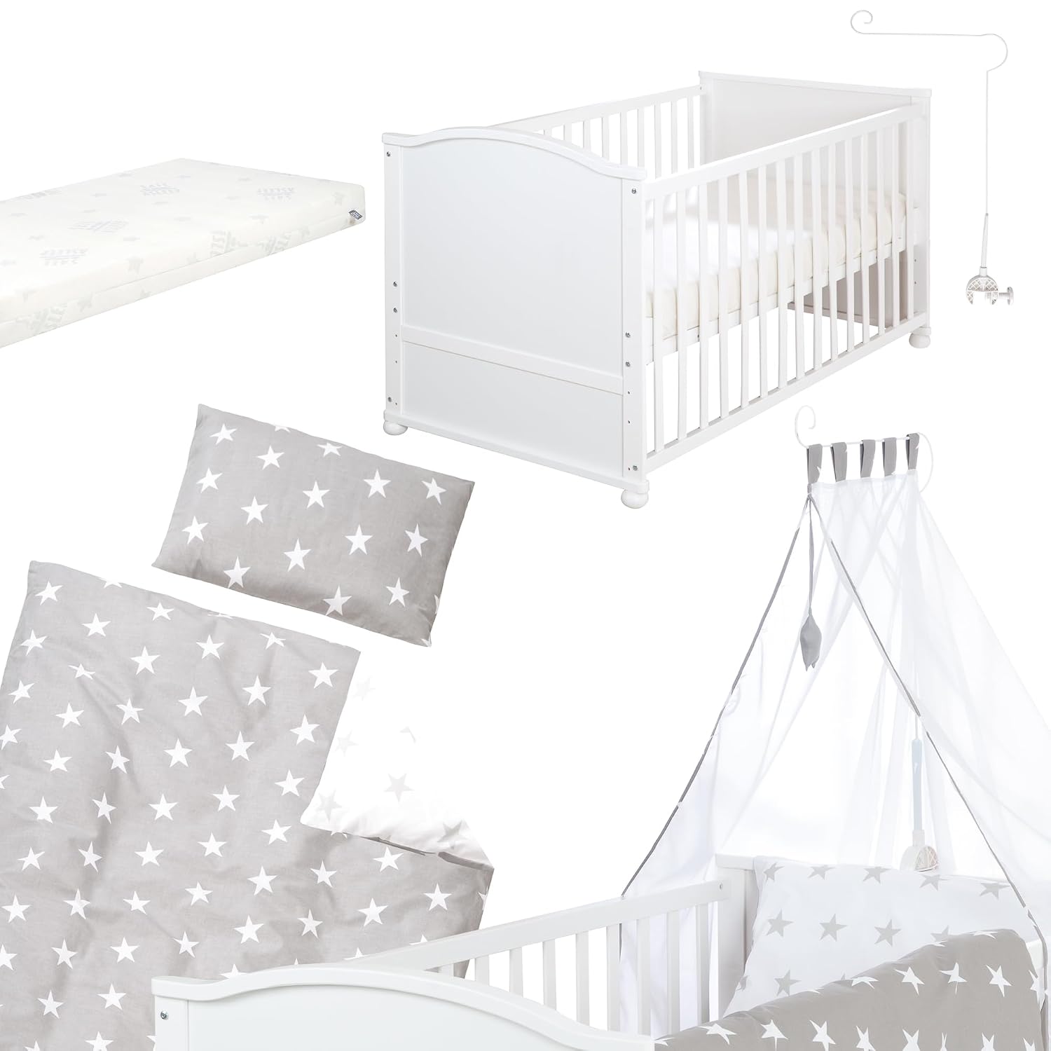 Babybett Set Little Stars 70x140 cm, mitwachsendes Kinderbett mit umbaubarem Design, inkl. Sterne-Textilien, höhenverstellbar, Holz weiß