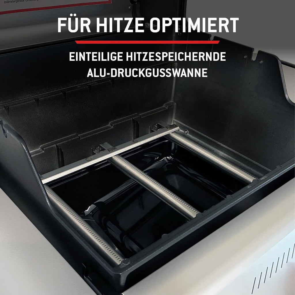 E-310 Gasgrill, 3-Brenner, Snap-Jet Zündung, 51x46cm Grillfläche, robuste Räder, Warmhalterost, Works Seitenablagen kompatibel, Schwarz/Silber