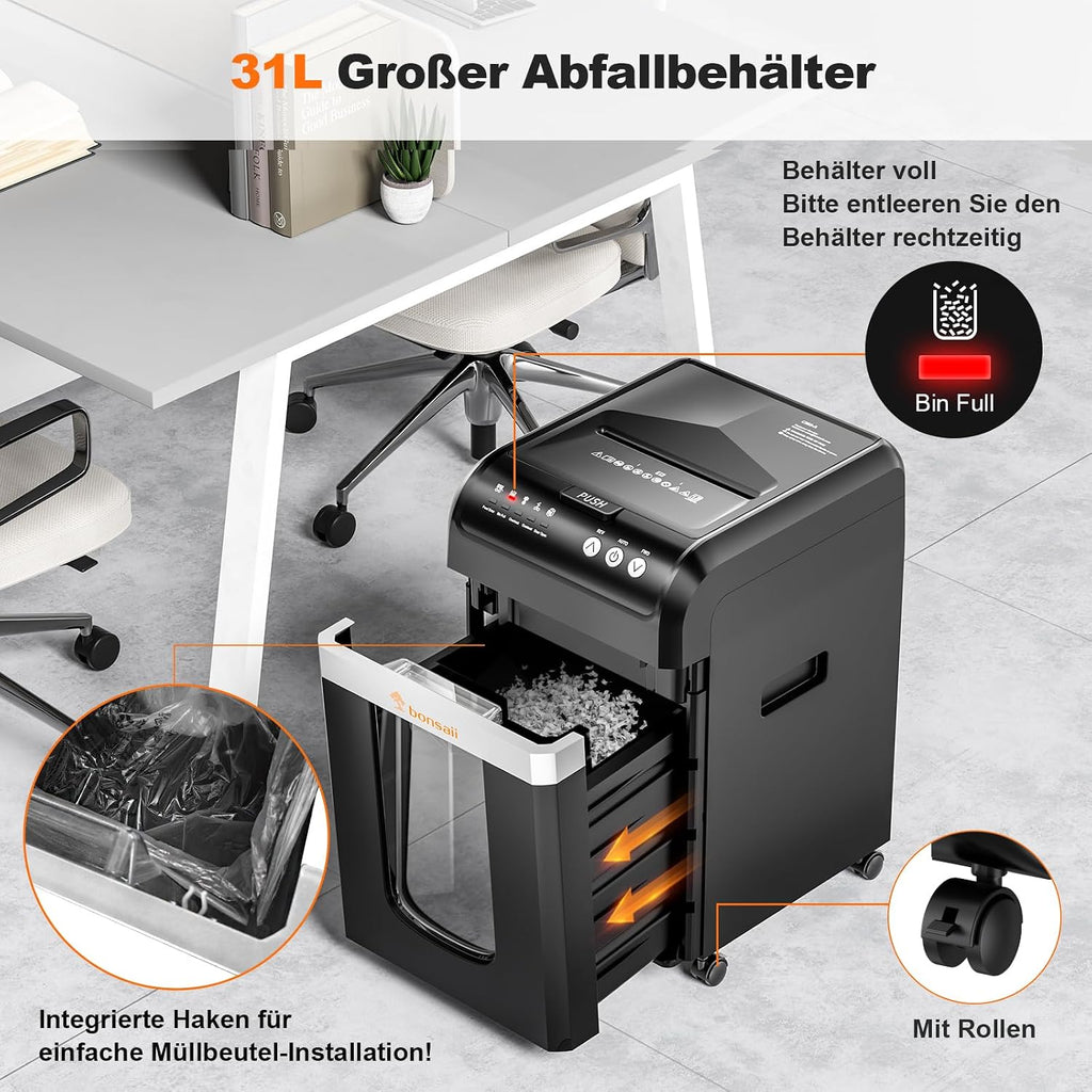 Automatischer 200-Blatt-Einzug Aktenvernichter, 60 Min Dauerbetrieb, DIN P-4 Mikroschnitt, 31L Behälter, leise 58 dB, energiesparend, C283