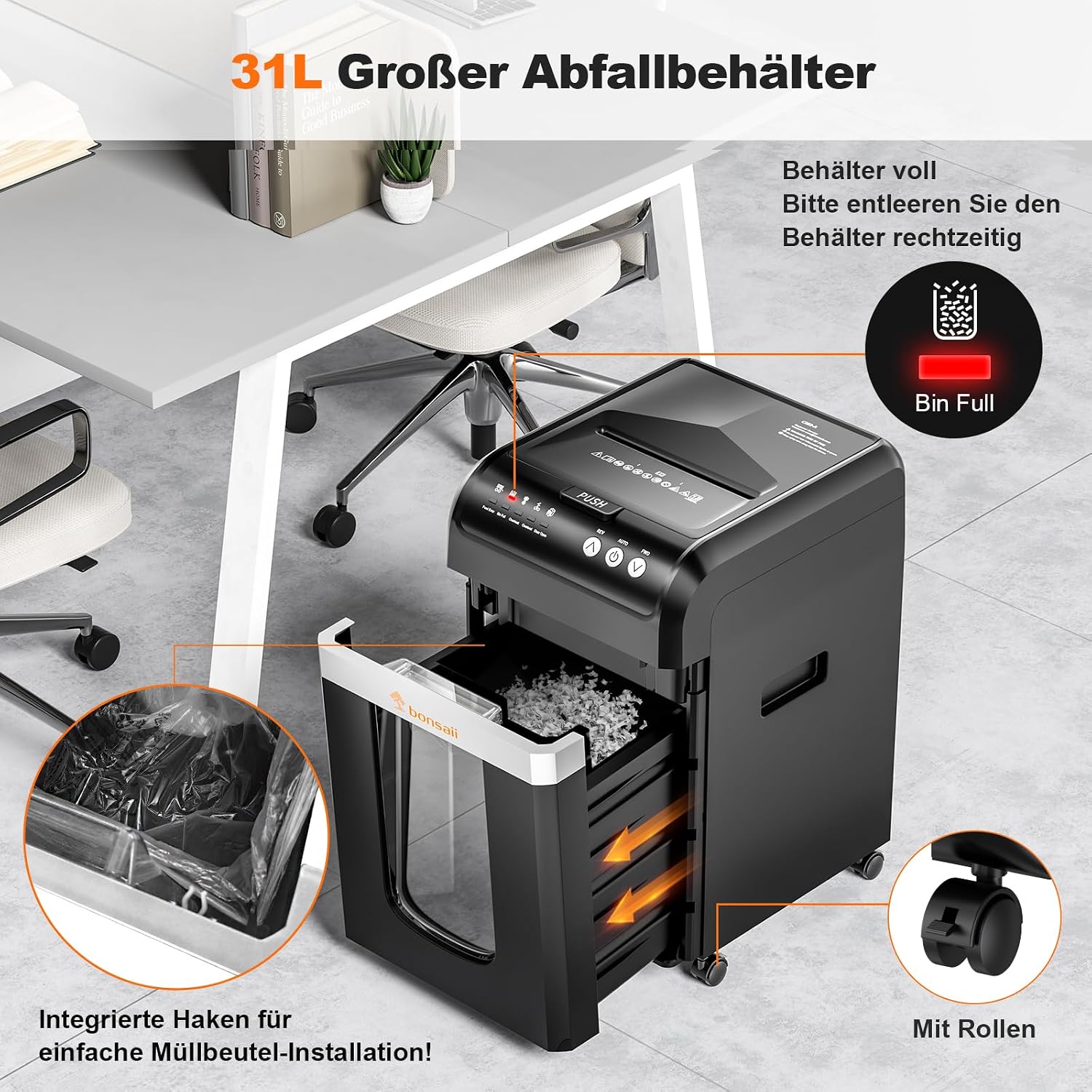 Automatischer 200-Blatt-Einzug Aktenvernichter, 60 Min Dauerbetrieb, DIN P-4 Mikroschnitt, 31L Behälter, leise 58 dB, energiesparend, C283