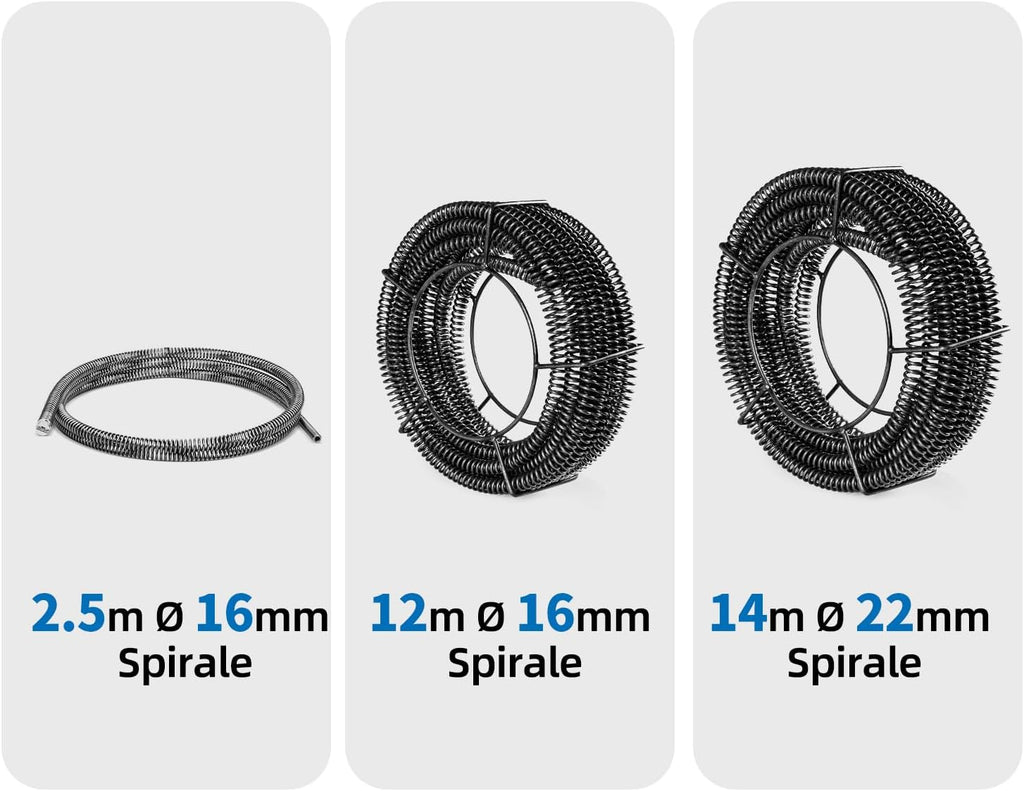850W Elektrische Rohrreinigungsmaschine mit Spiralen: 14m Ø22mm, 14.5m Ø16mm, 5m Ø10mm, für Rohre Ø20-200mm, 450 U/min