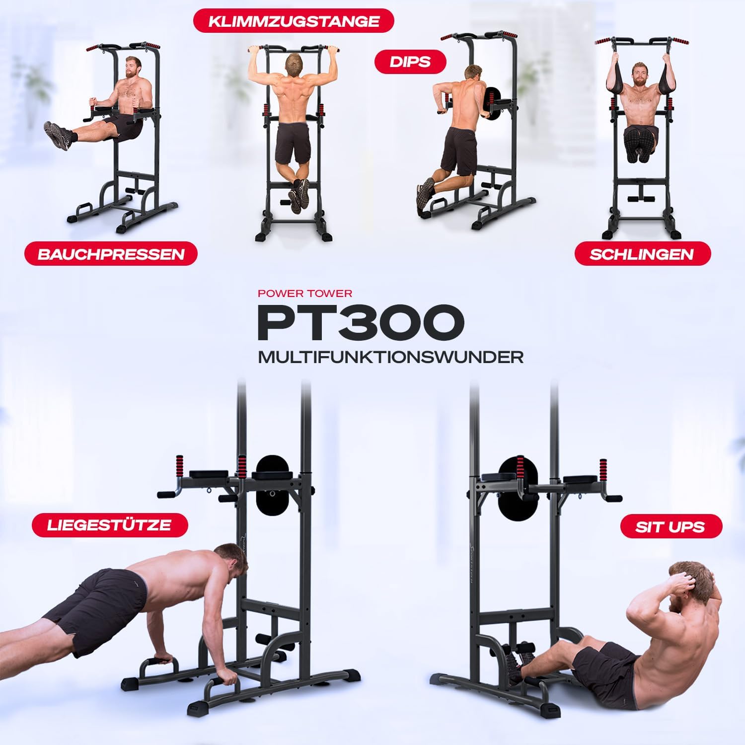 Power Tower + Dip Station für Zuhause, Klimmzugstange, Liegestützgriffe, 4 TRX-Ösen, höhenverstellb. Dip Barren, Calisthenics-Kraftstation