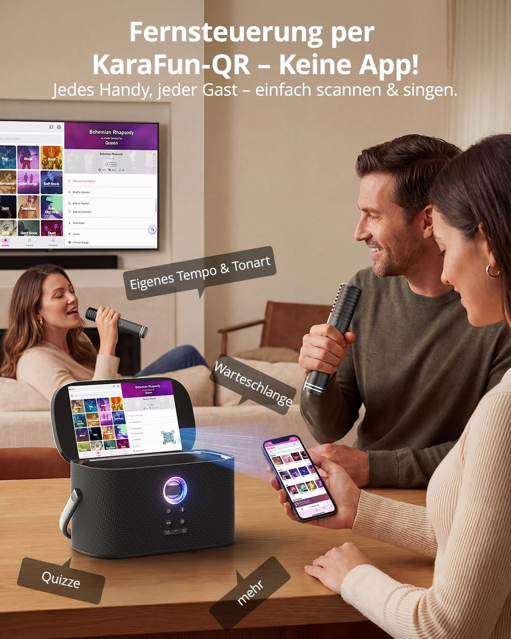 Karaoke-Maschine mit Textanzeige, 2 Mikrofonen, 140W, Bluetooth, HDMI, selbstaufladend, für Karafun-App, Shell S2