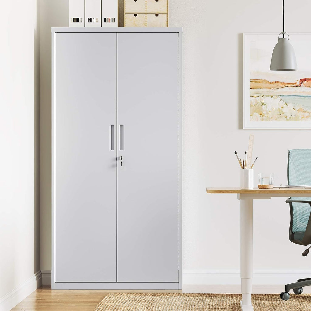 Stahl-Aktenschrank, 5 Ebenen, Doppeltüren + Schloss, verstellbare Ablagen, Mehrzweck-/Werkzeugschrank, für Garage/Büro/Wohnzimmer, grau, OMC015G01