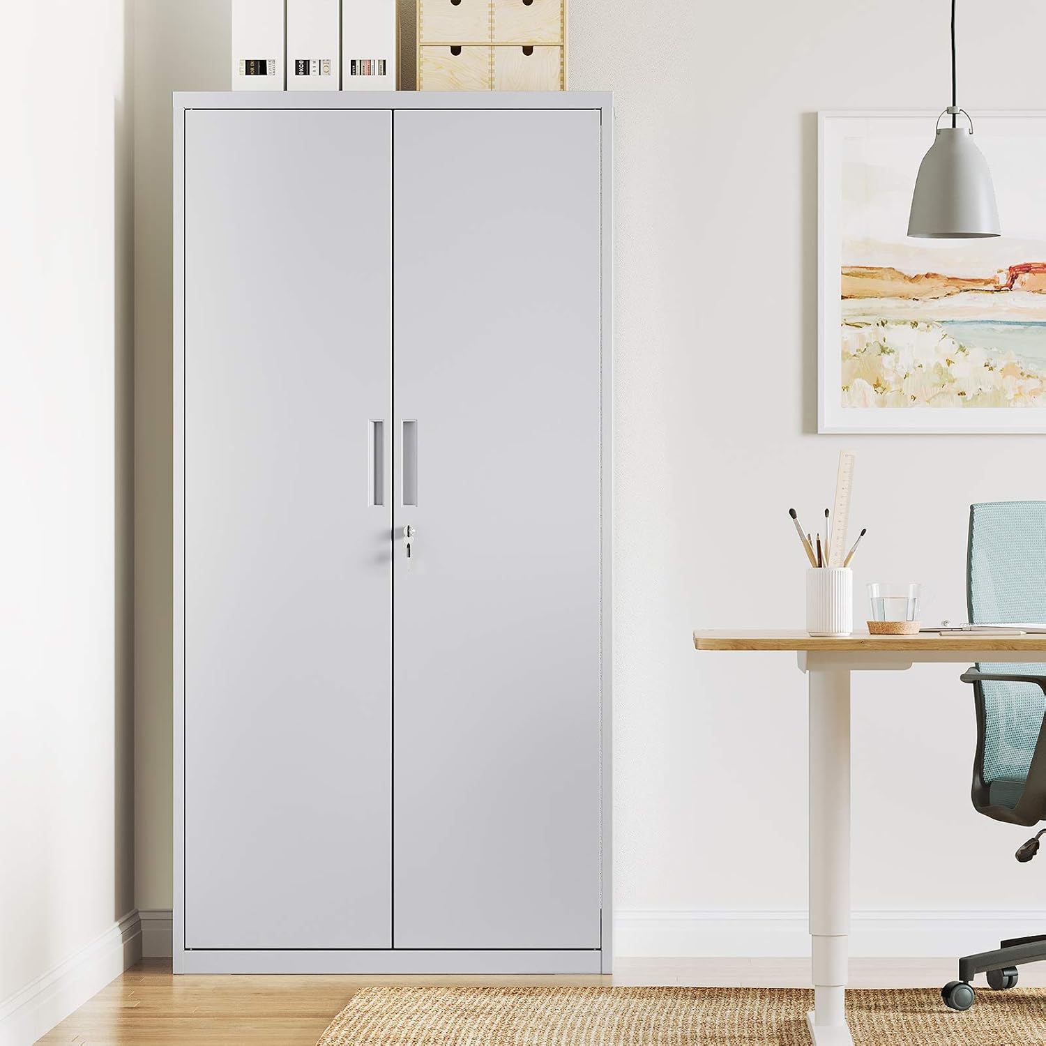 Stahl-Aktenschrank, 5 Ebenen, Doppeltüren + Schloss, verstellbare Ablagen, Mehrzweck-/Werkzeugschrank, für Garage/Büro/Wohnzimmer, grau, OMC015G01