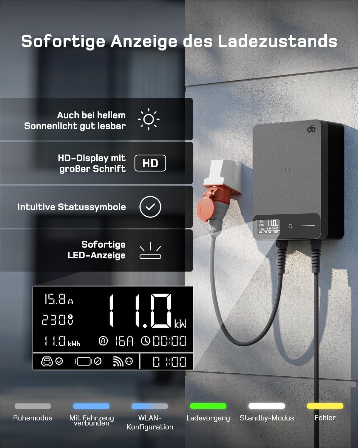 11kW Wallbox mit App, 7,5m Typ 2 Kabel + Halter, 3-Phasen (6-16A, 400V), RCD Typ A 30mA+6mA DC, IP54, für BEV/PHEV, schwarz
