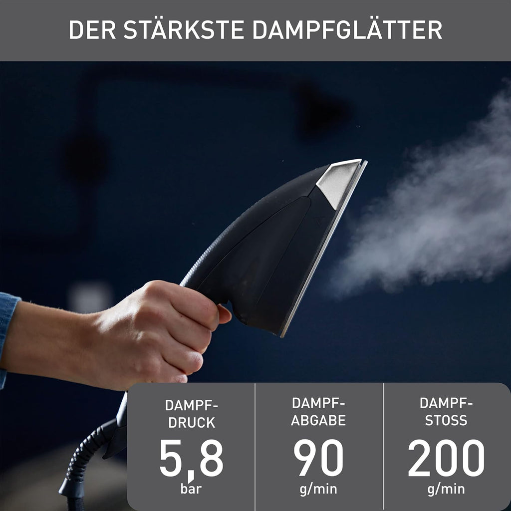Ixeo Power All-in-One Dampfglätter, 3-Pos.Smart Board, 5.8bar, 200g/min Dampf, desinfiz., schwarz/blau, QT2022