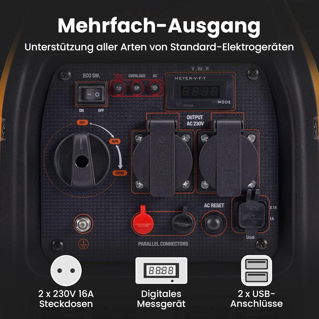 2300W Inverter Stromerzeuger Superleise Tragbarer für Outdoor Camping Wohnmobil 4 Takt Leicht Notstromaggregat Benzin, USB & 230V Steckdosen