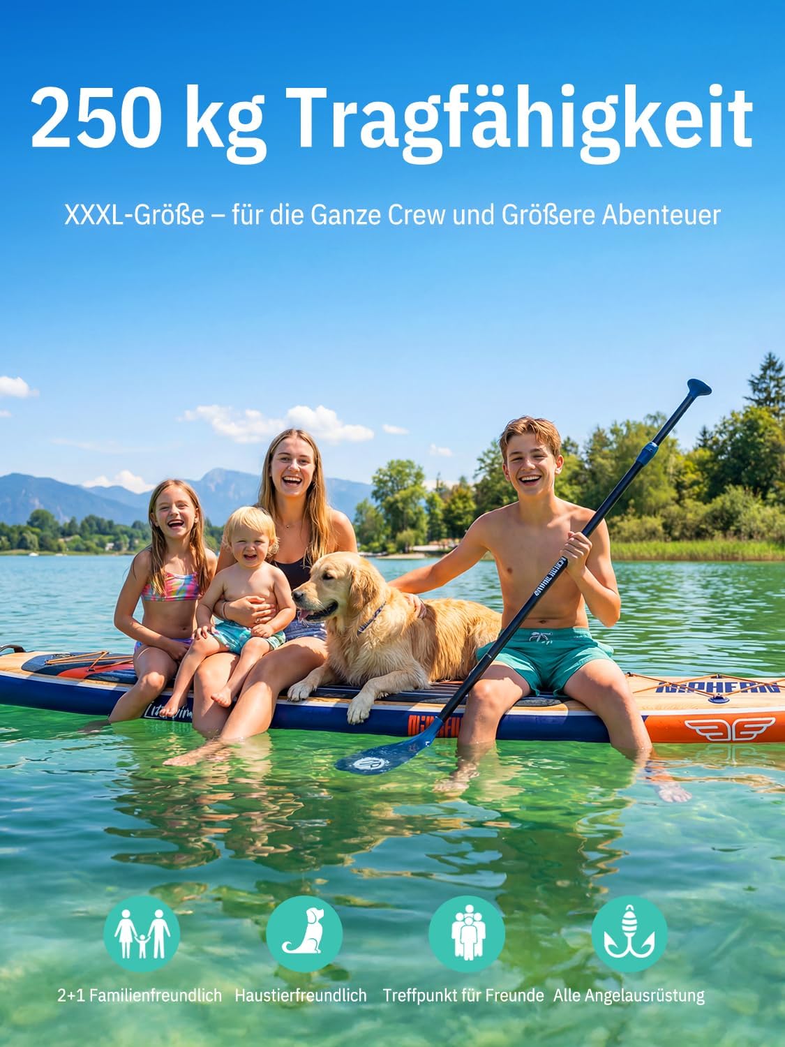 SUP-Board (Extra Groß) für 2+1 Pers./Familie, Balancierflügel + wasserdichte Hülle, Einsteiger-SUP für Erwachsene, Geschenkidee