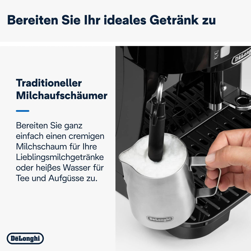 Magnifica S Kaffeevollautomat, klassischer Milchaufschäumer, Espresso & Cappuccino, Bedienfeld mit Tasten, Schwarz, ECAM11.112.B