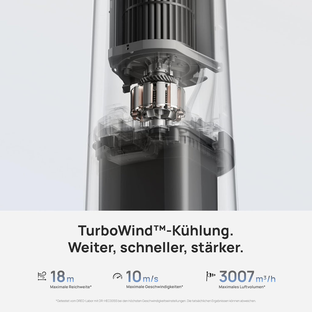 TurboCool Nebelventilator 765S, 3-in-1 Turm, Ultraschall, WLAN+App, 6L Tank, 10.4 m/s, 20 dB DC-Motor, 90° Osz., 12 Stufen, 4 Modi