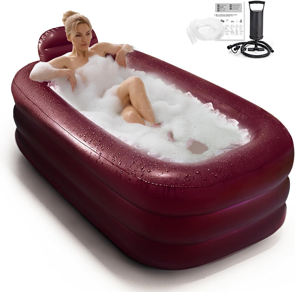 Aufblasbare Badewanne XL 158x95x45cm, weinrot, für Kälte-/Heißbäder, Komfortboden + Kopfstütze, für Eisbad/Spa/Garten, inkl. Handpumpe