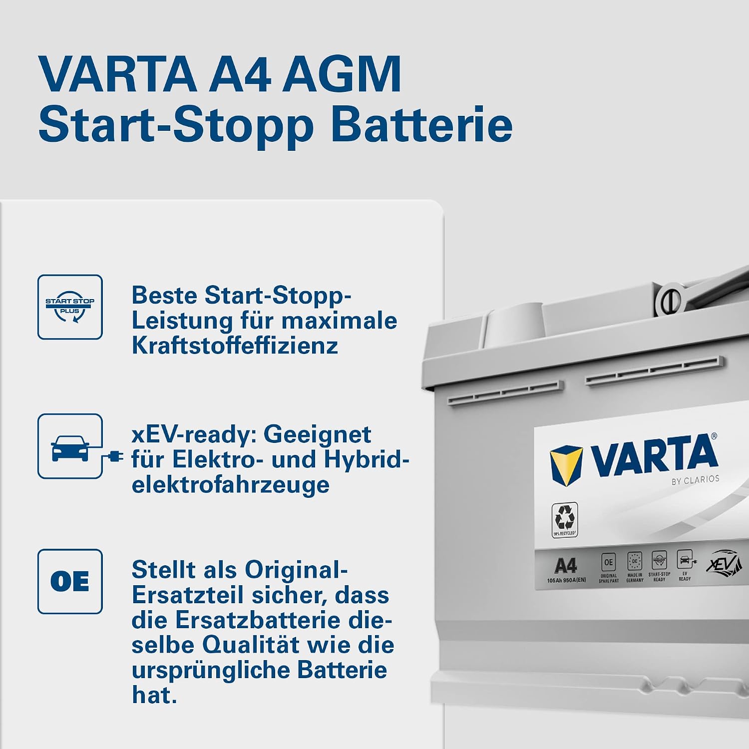 Silver Dynamic AGM Batterie A4 – Start-Stop und xEV Autobatterie 12V 105Ah 950A – Starterbatterie für Autos mit hohem Energiebedarf
